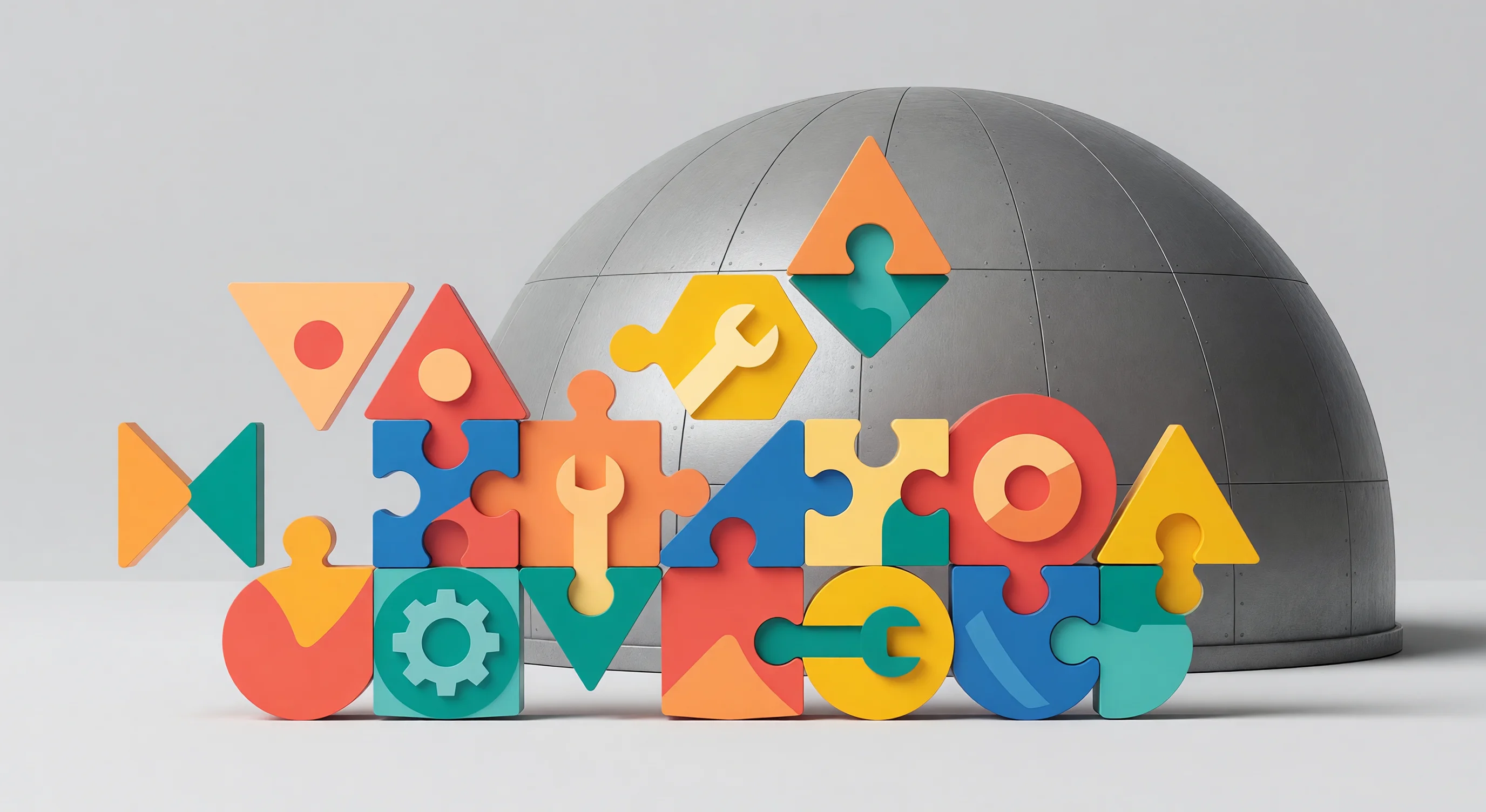 A conceptual illustration of a modular, composable web architecture connecting various interchangeable AI models to a central hub.