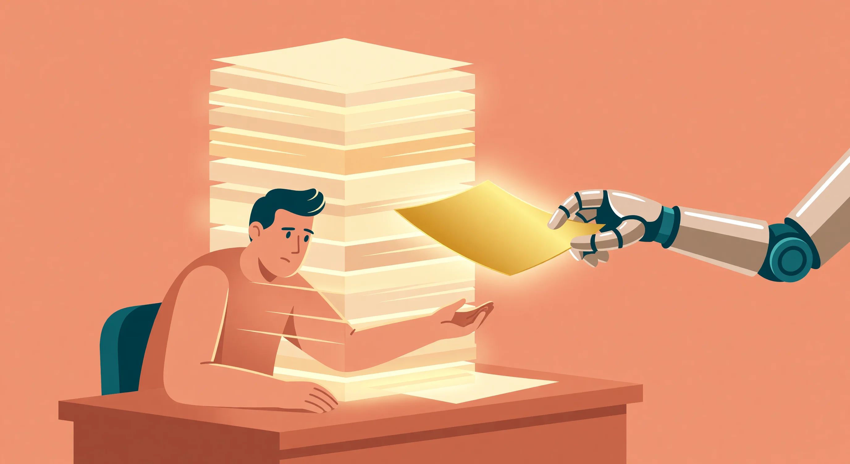Conceptual illustration of an AI model struggling to process a massive stack of documents, representing the limits of large context windows compared to targeted RAG search.