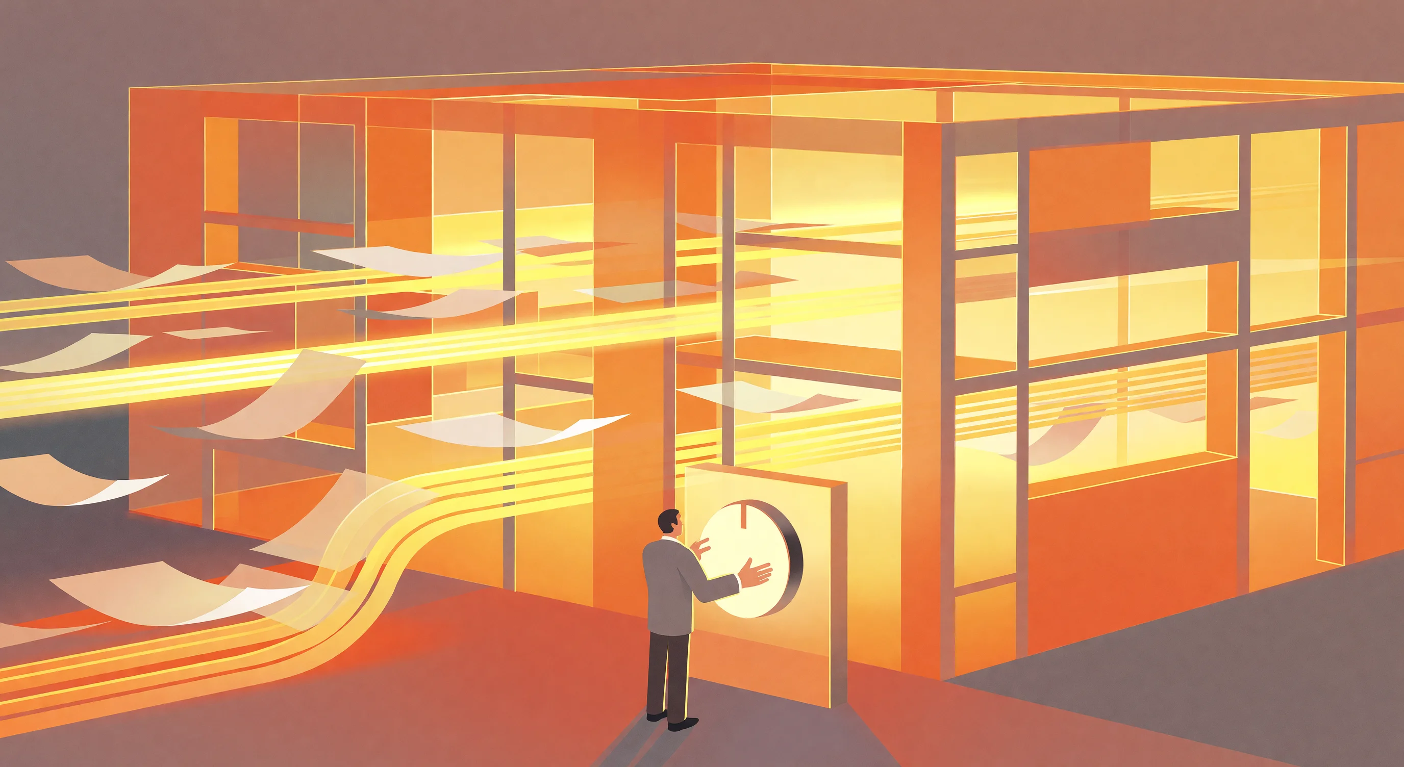 A conceptual illustration showing a professional managing autonomous AI workflows on a computer screen, representing human control over agentic systems.
