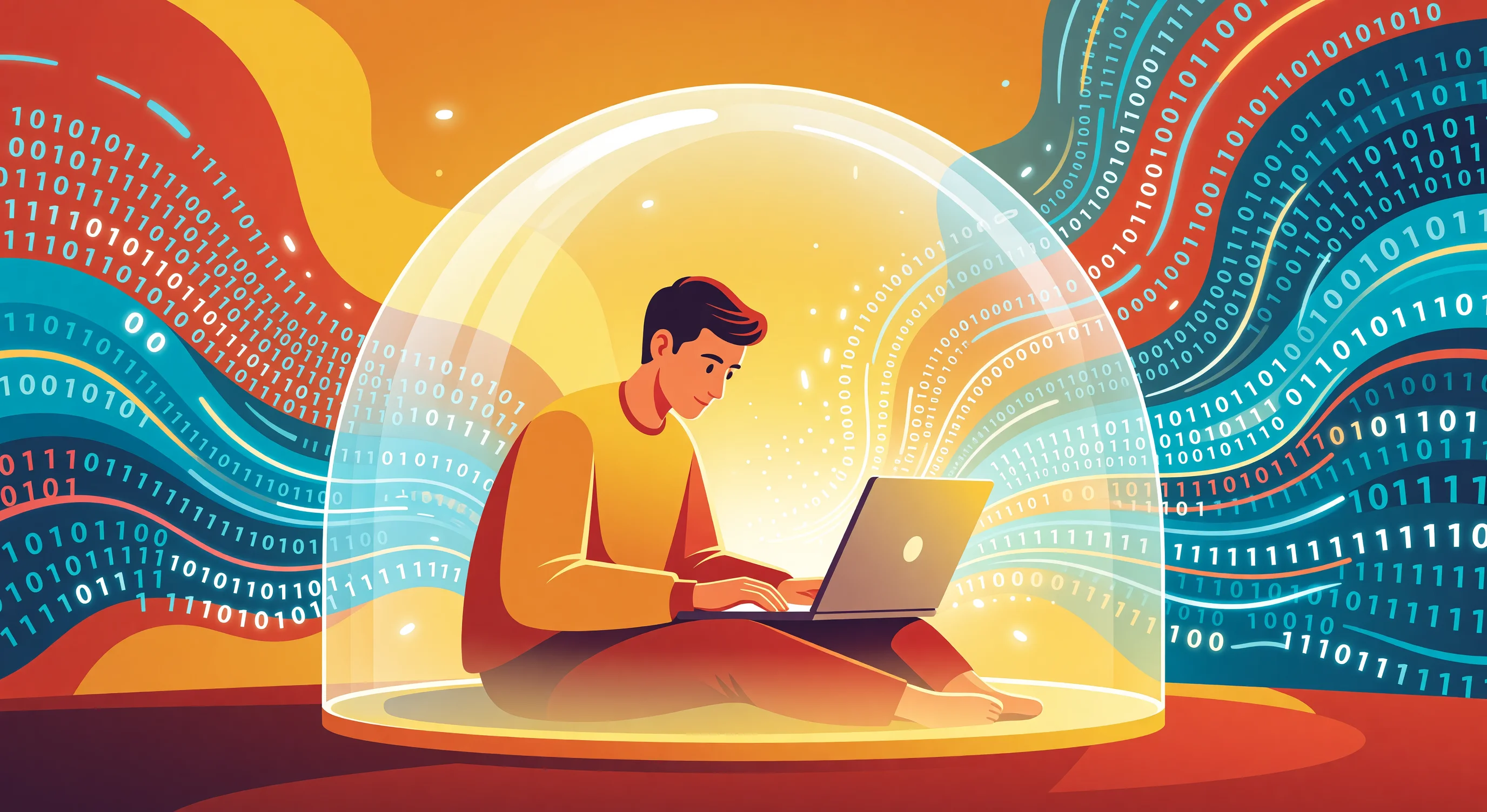 An abstract digital illustration representing secure local AI processing on a laptop, with data remaining on the device shielded from network surveillance.