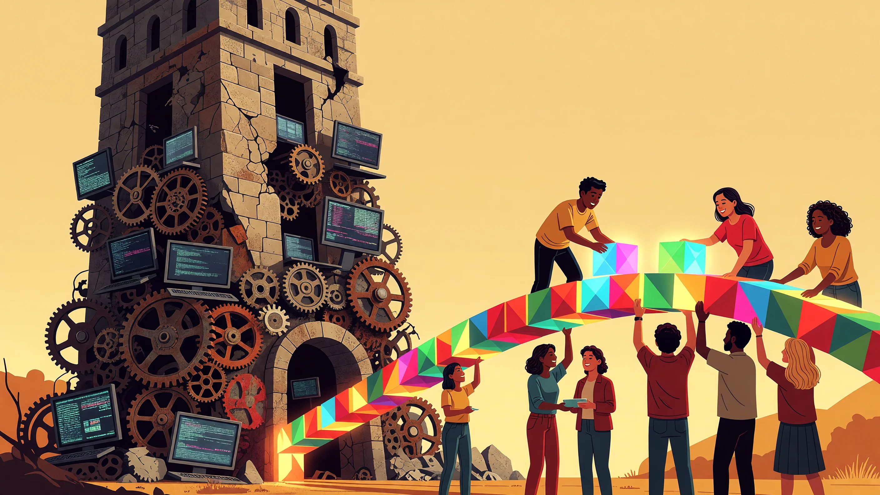 An abstract illustration representing the contrast between a complex, rigid monolithic software system and a flexible, modular architecture.