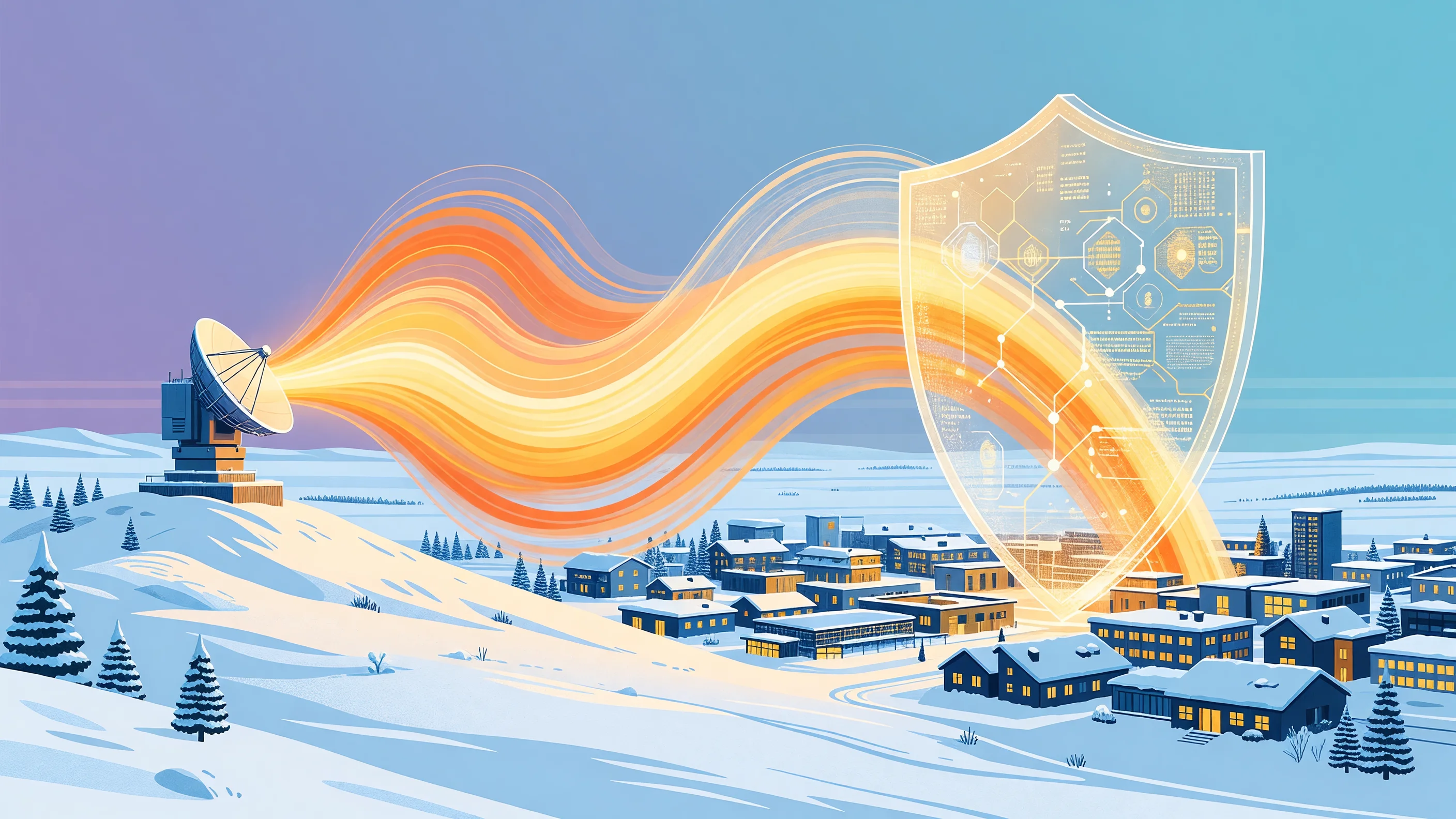 An artistic representation of an over-the-horizon radar system monitoring the Arctic landscape, symbolizing technological sovereignty and digital security.