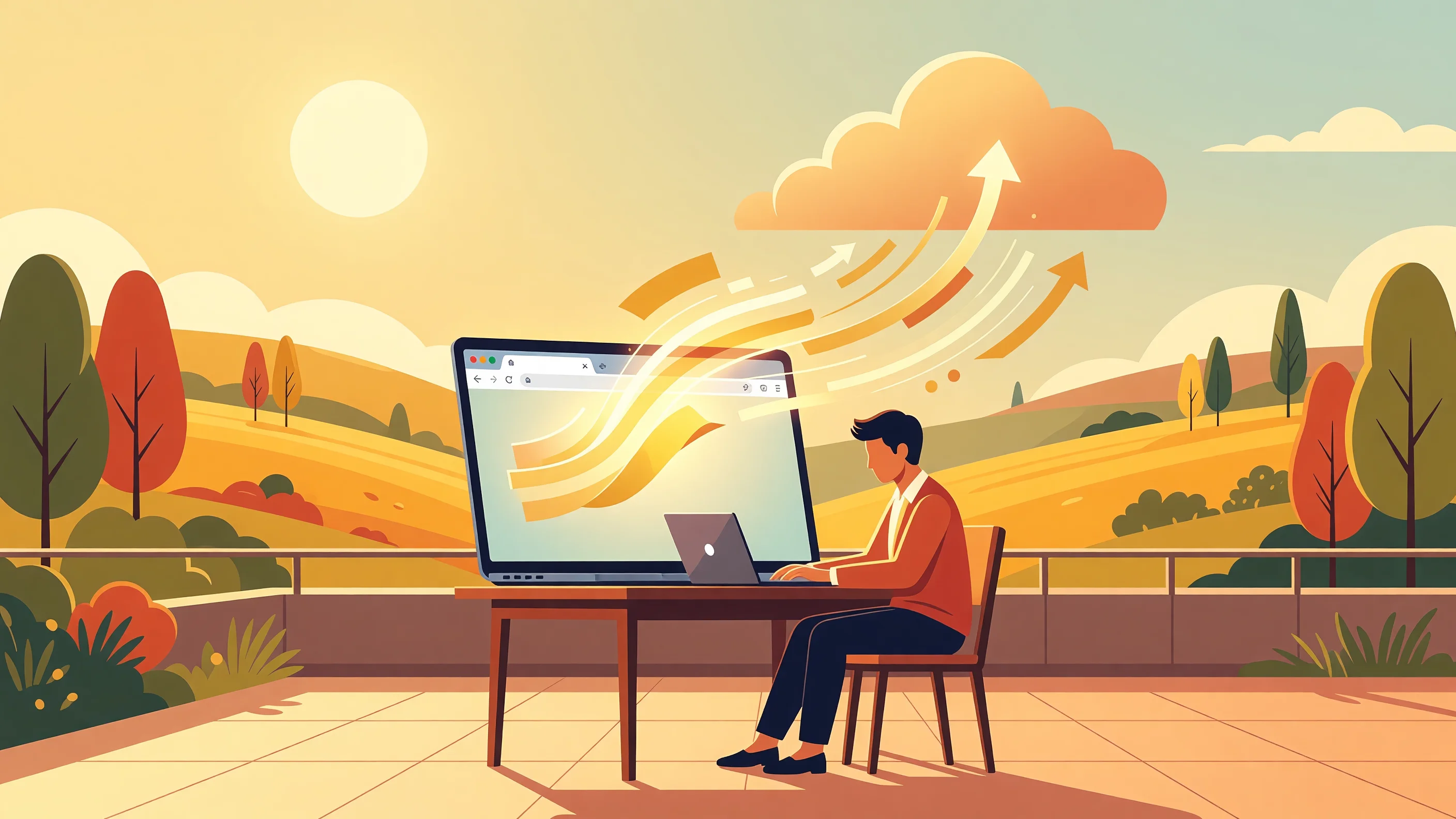 A digital nomad working on a laptop in a bright cafe, representing secure browser-based remote work.