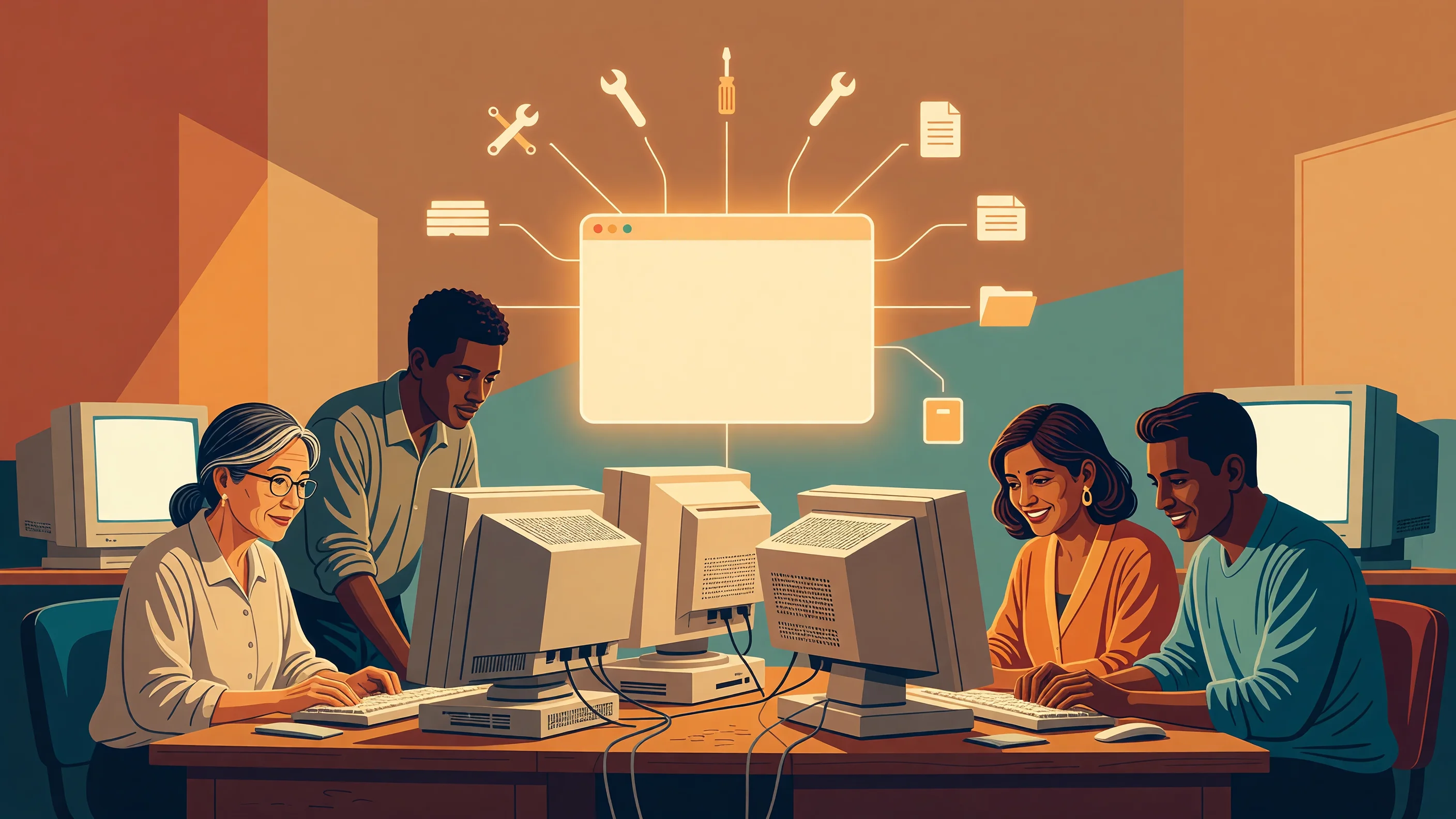 A conceptual illustration showing a standard web browser interface orchestrating digital tasks, representing software-based AI instead of proprietary hardware.
