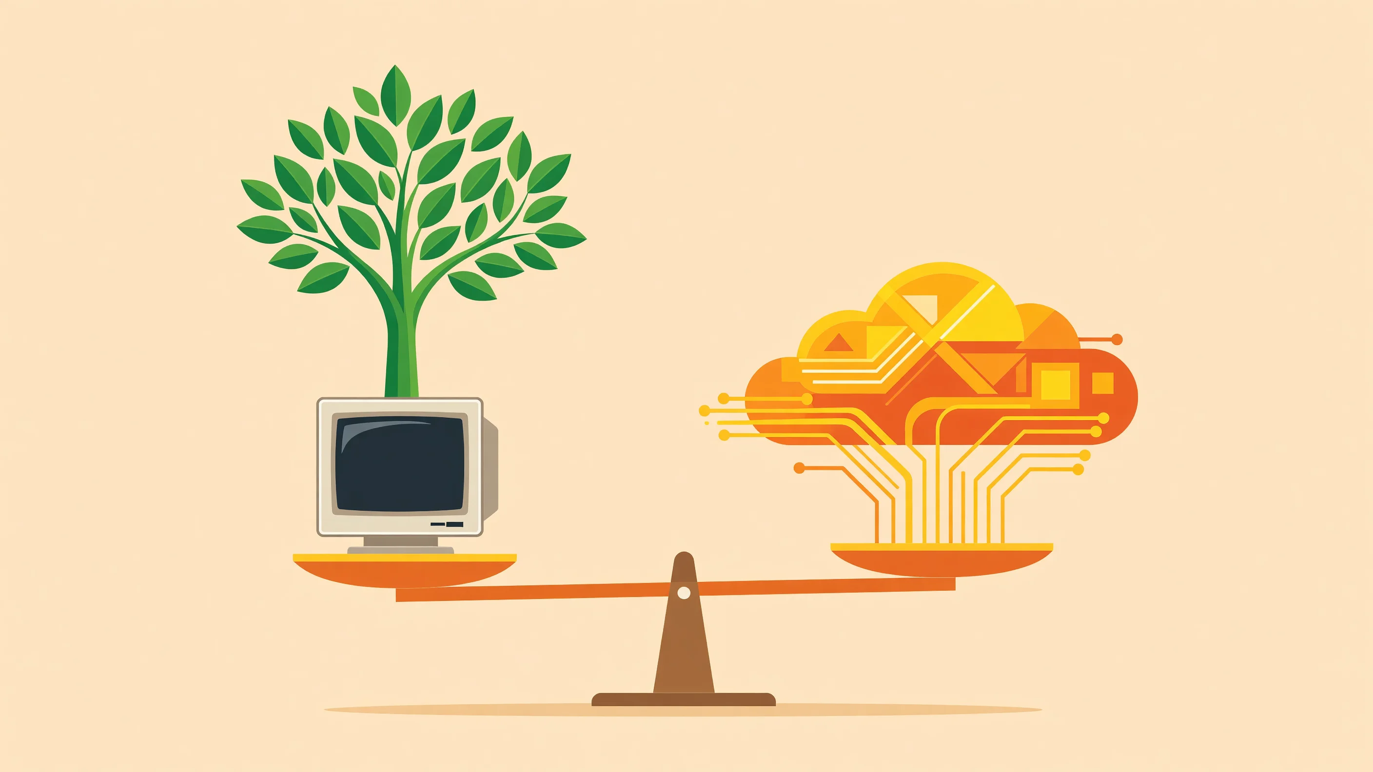A conceptual illustration of sustainable computing, highlighting local AI execution and energy-efficient hardware.