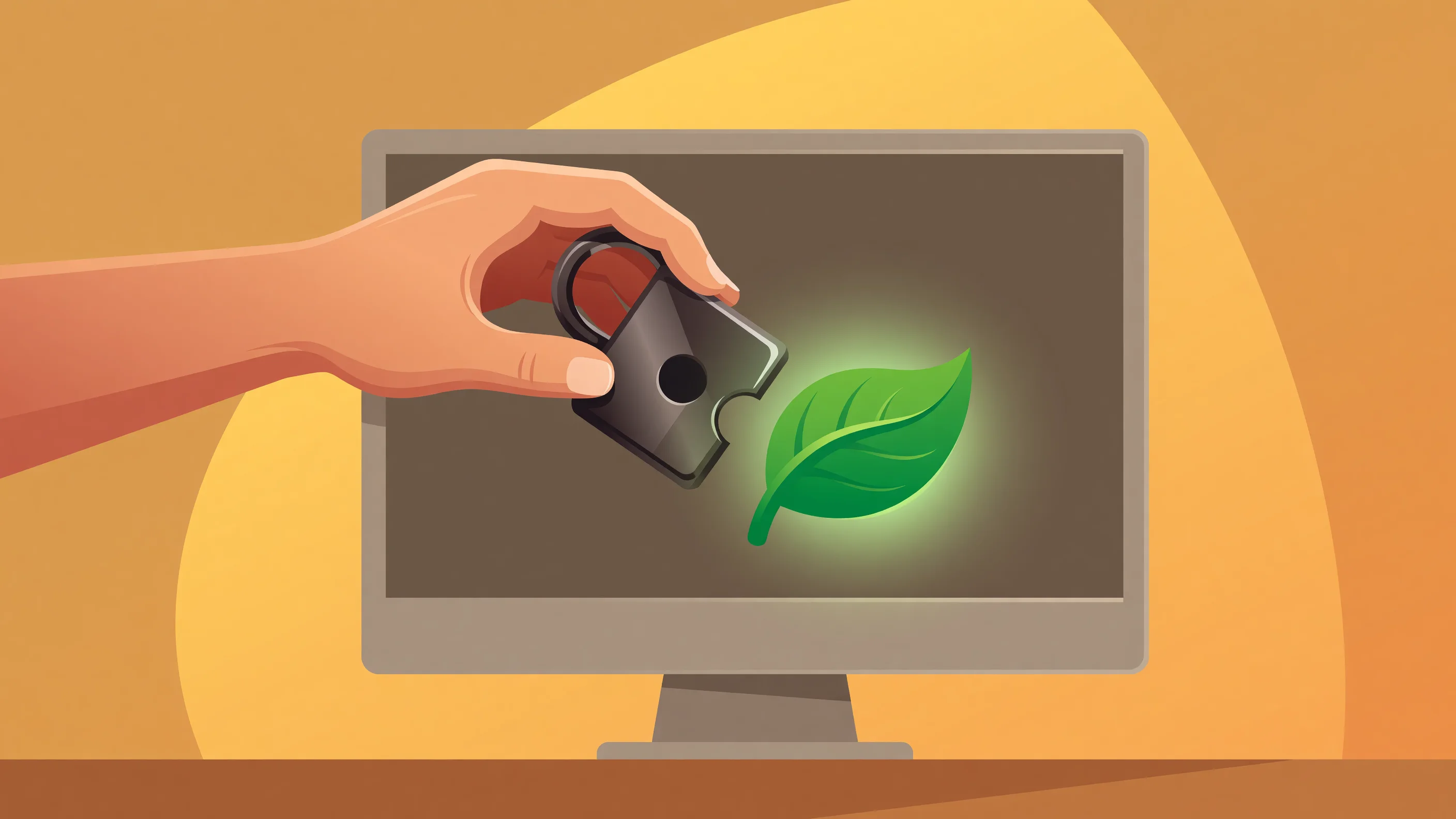 A conceptual illustration representing digital sovereignty, showing a secure desktop workstation running open-source software and browser-based collaborative tools.