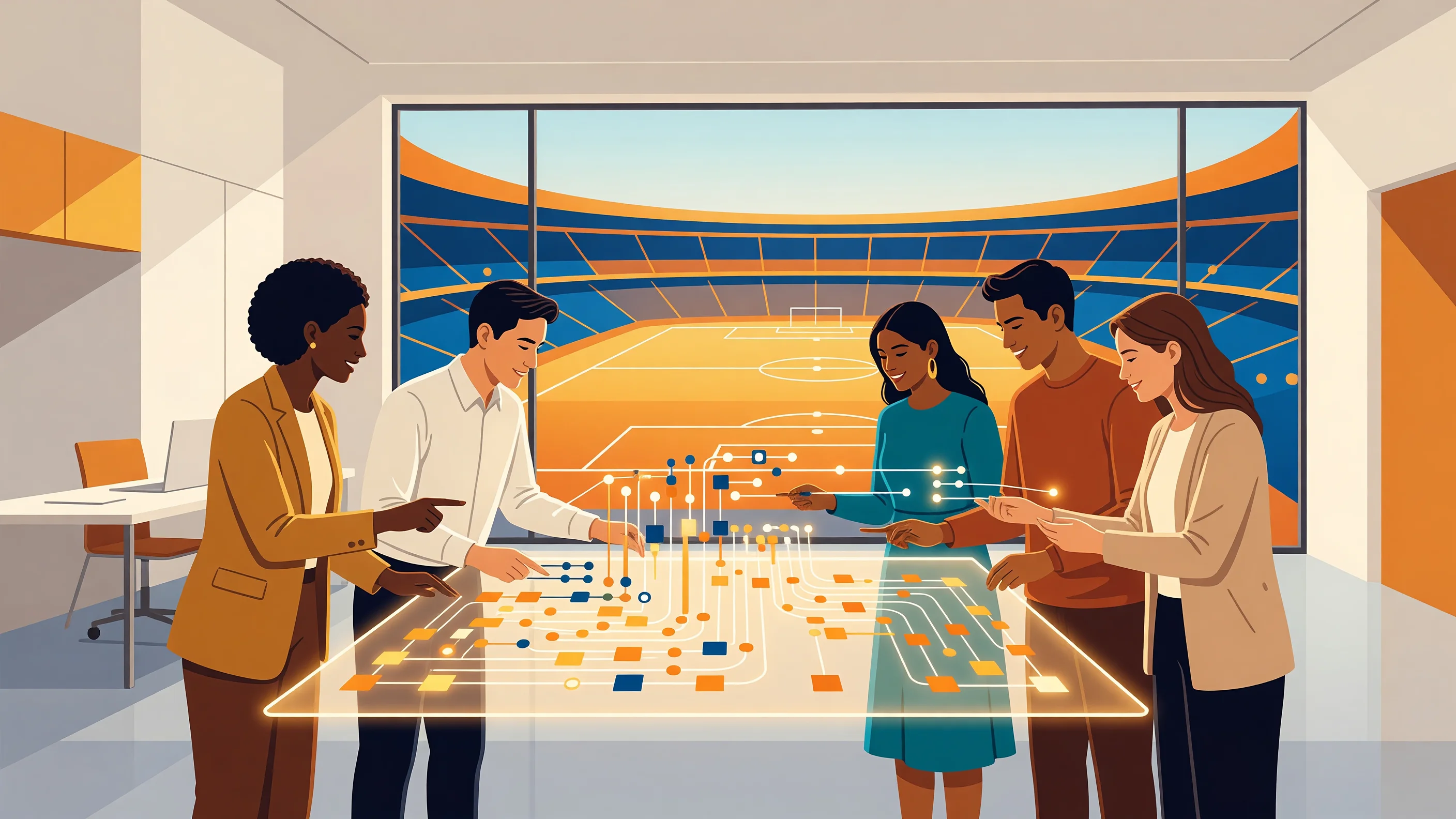 An illustration representing digital data security and semantic grounding to combat AI-generated disinformation during a major sporting event.