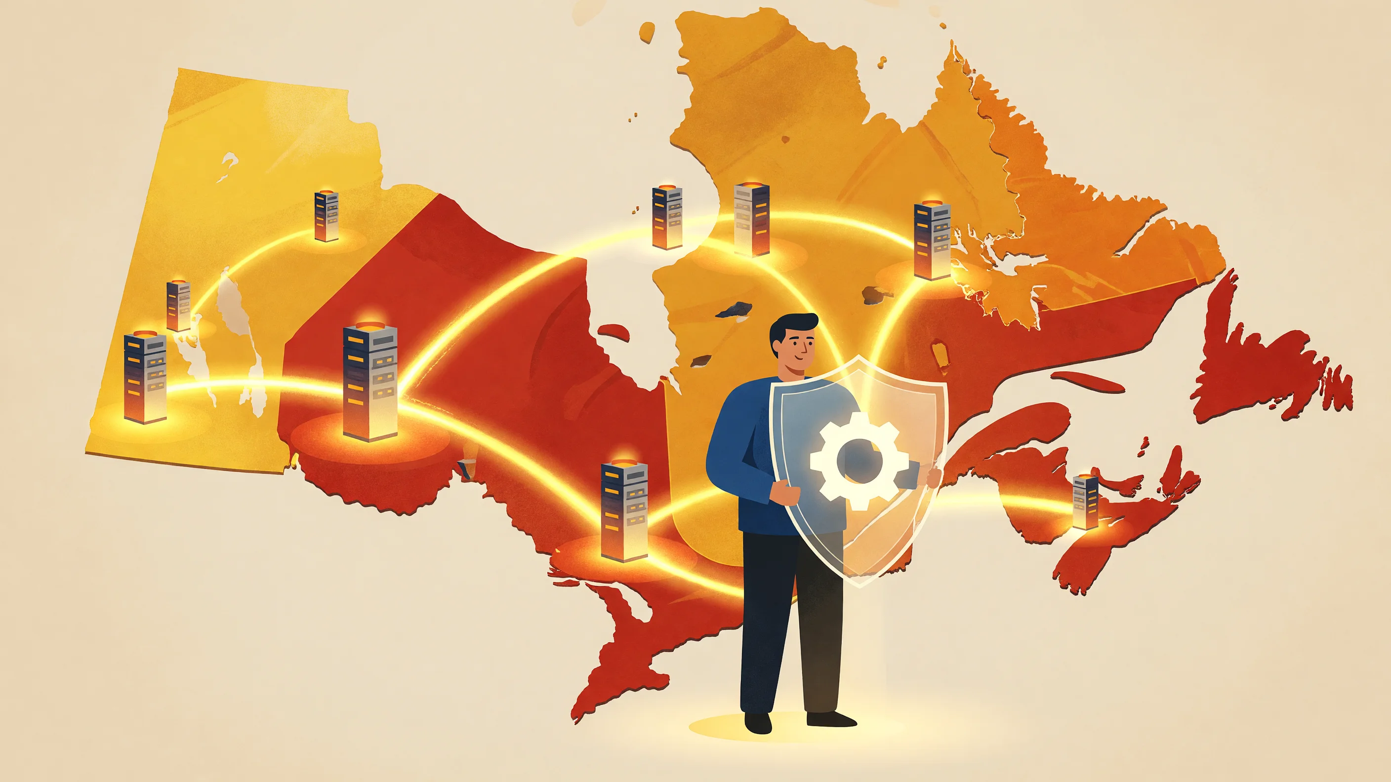 A conceptual illustration representing data sovereignty in Quebec, showing secure local servers and data compliance under Law 25.