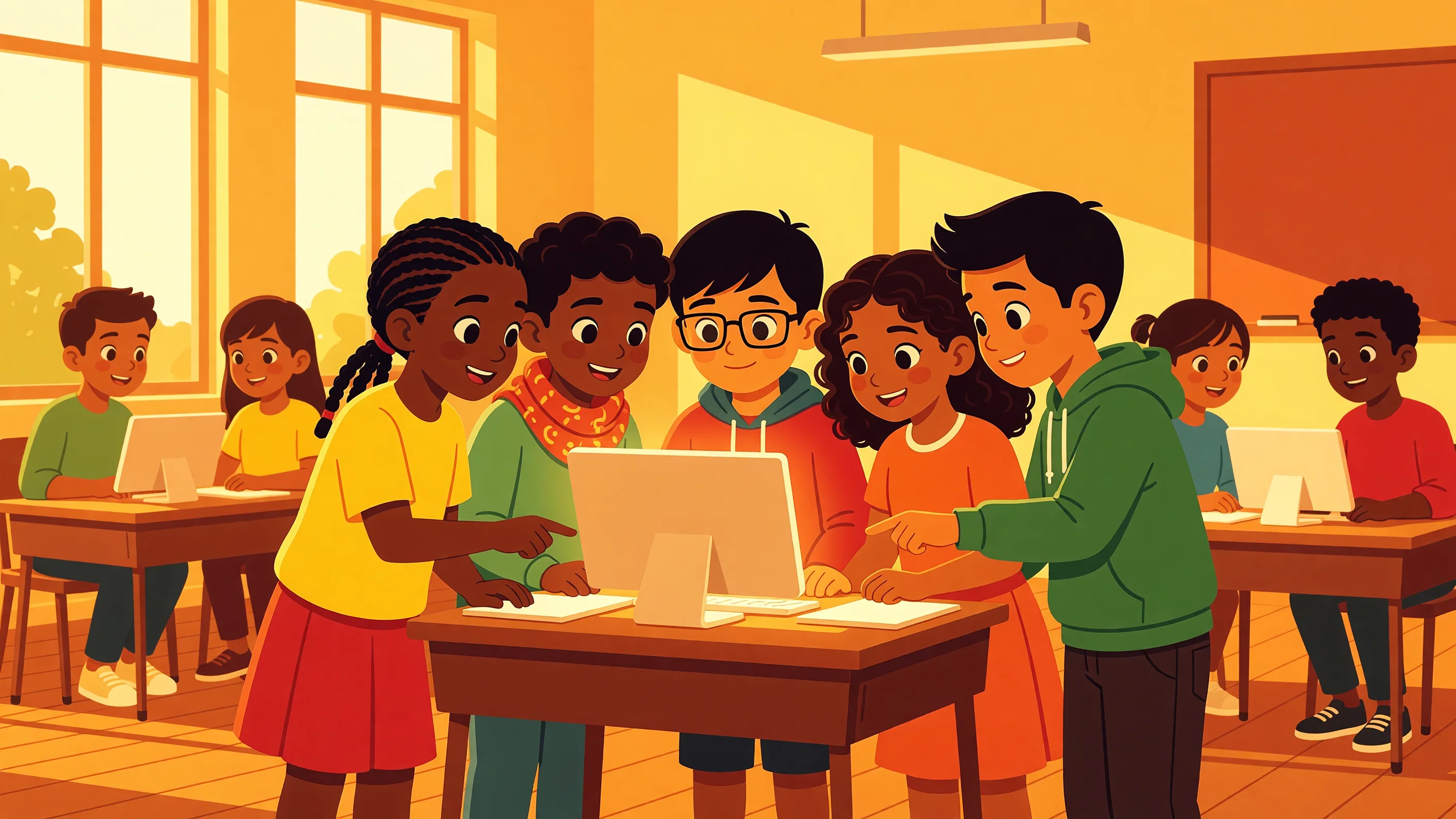 An illustration representing accessible AI education, featuring a student using a laptop with a clean, lightweight interface showing educational documents and a digital tutor icon.
