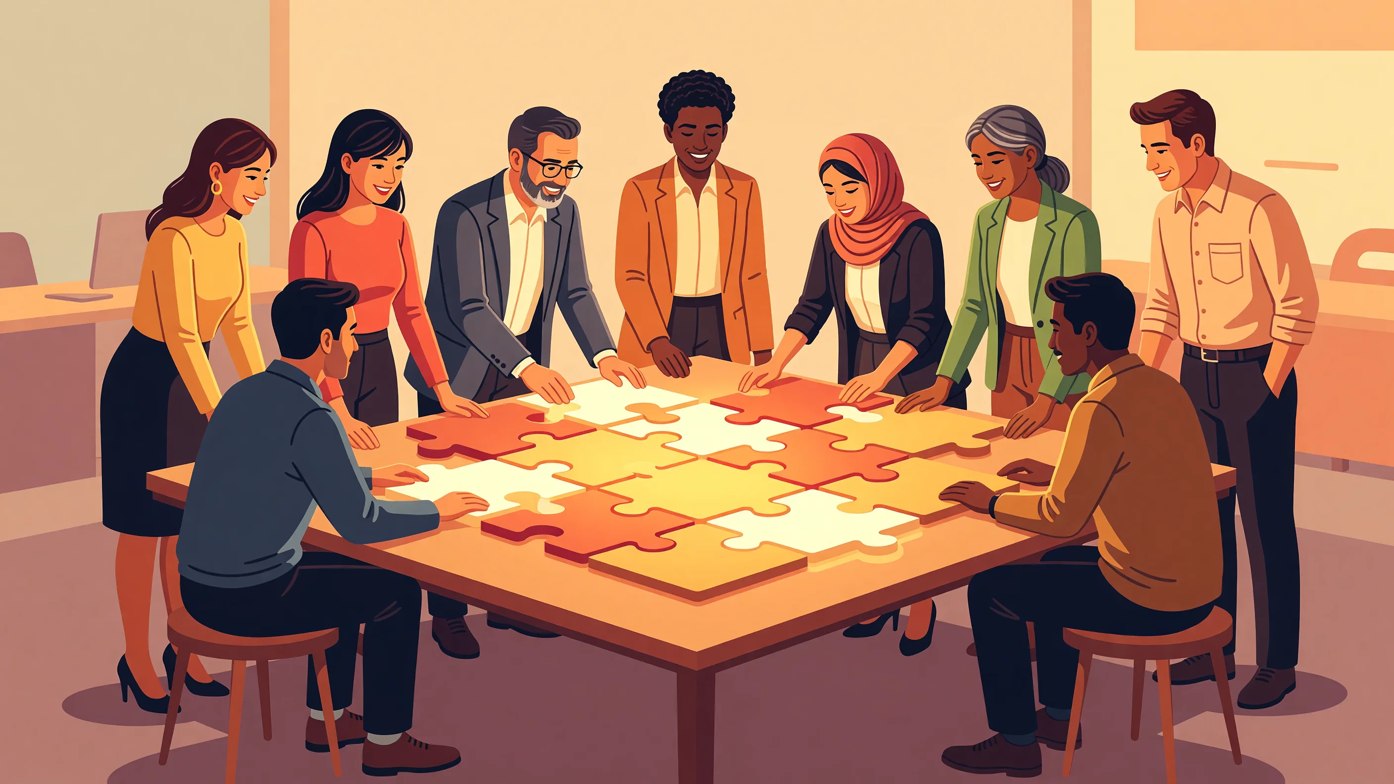 An illustration of office workers learning to use simplified and secure technological tools.