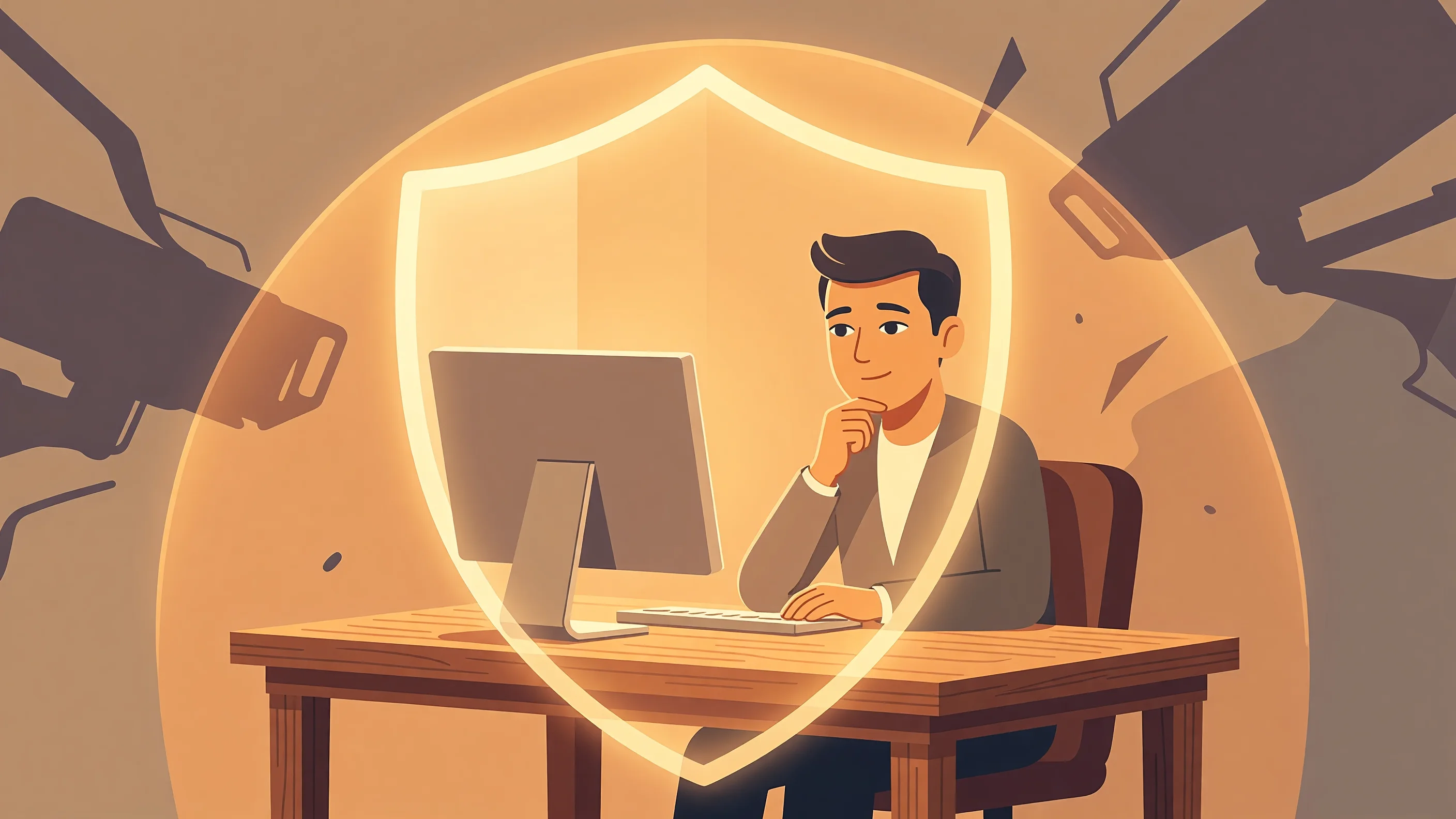 Conceptual illustration showing an office computer monitor surrounded by privacy shields and digital security barriers, symbolizing workplace data protection.