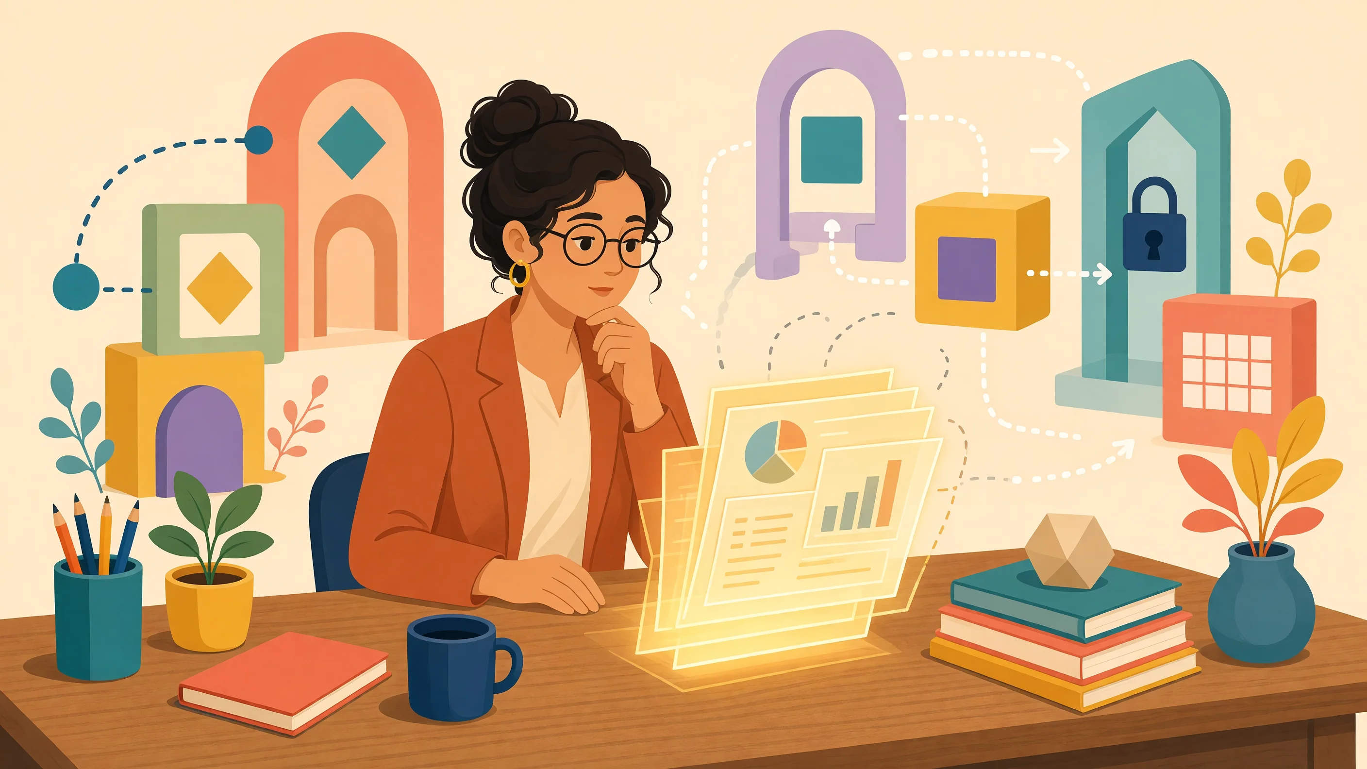 Illustration showing an operating system desktop search bar transforming into an automated agent workflow interface.