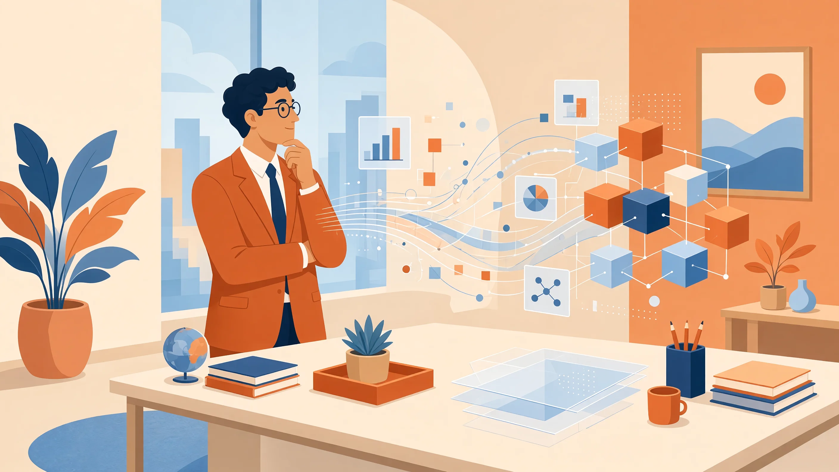 Conceptual digital illustration showing artificial intelligence neural networks, cybersecurity code inspection, and global supply chain data flows.
