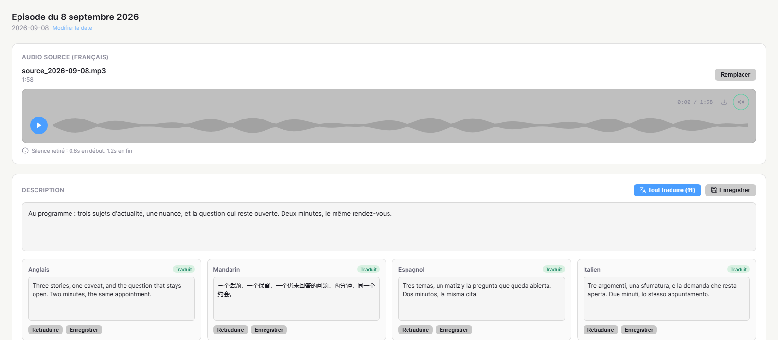 Episode editor: source, notes in every language, assembly