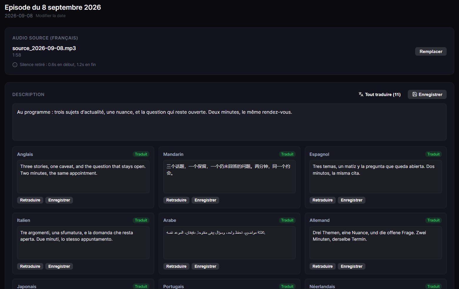 Episode editor: source, notes in every language, assembly