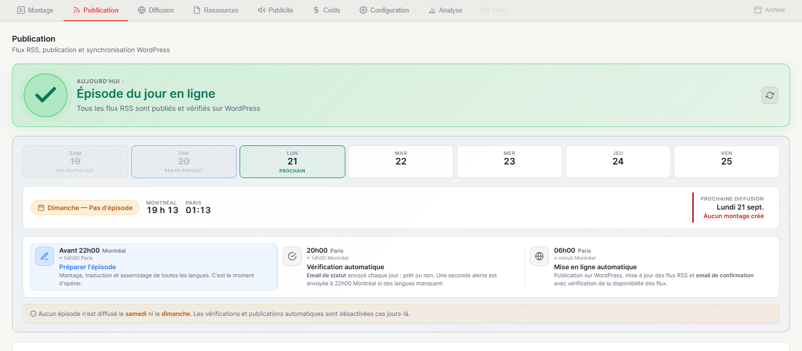Publication: WordPress sync, RSS feeds, language chips